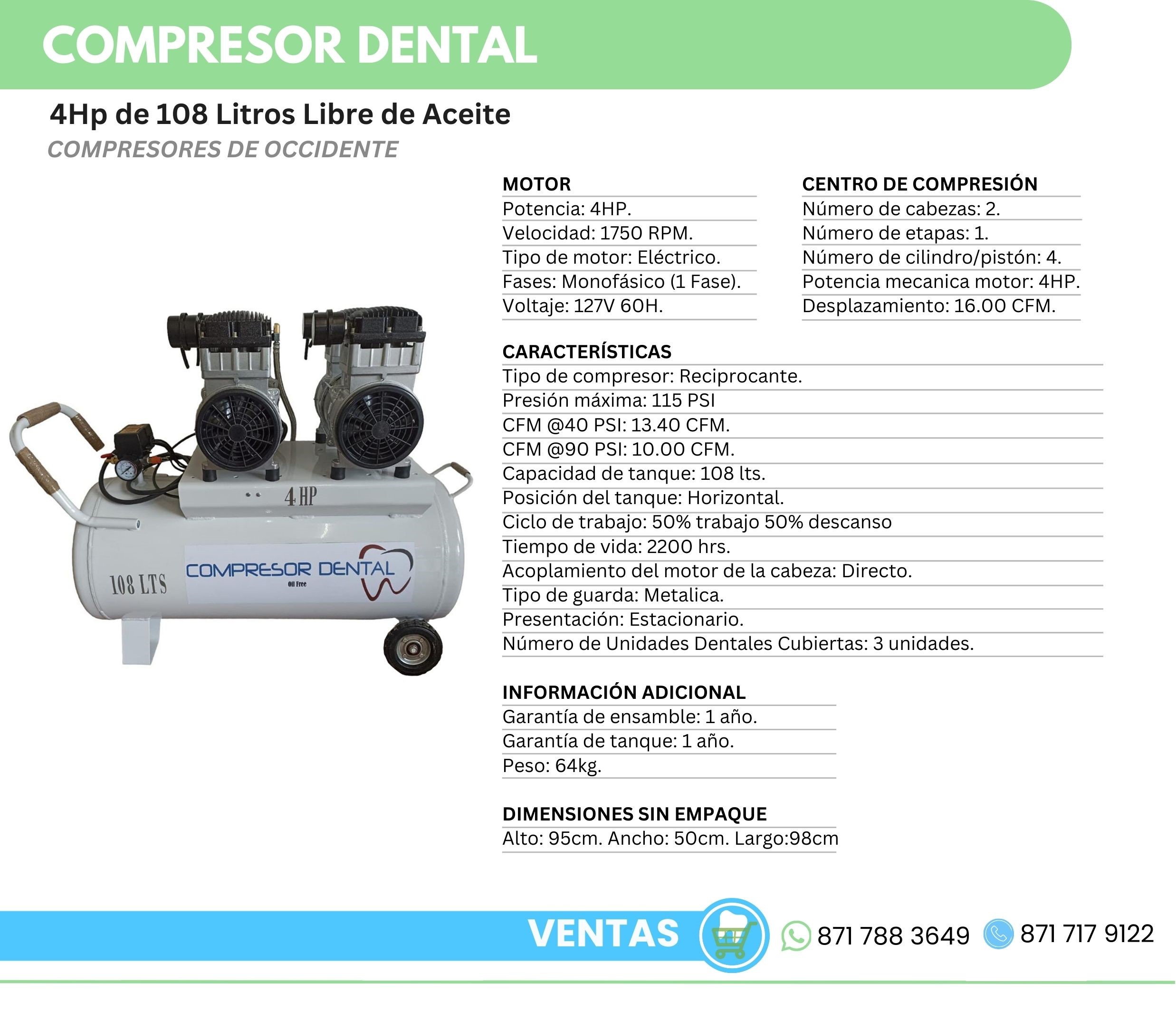 Compresor Dental 4Hp 108 Litros Libre de Aceite Compresores de Occidente Orthosign